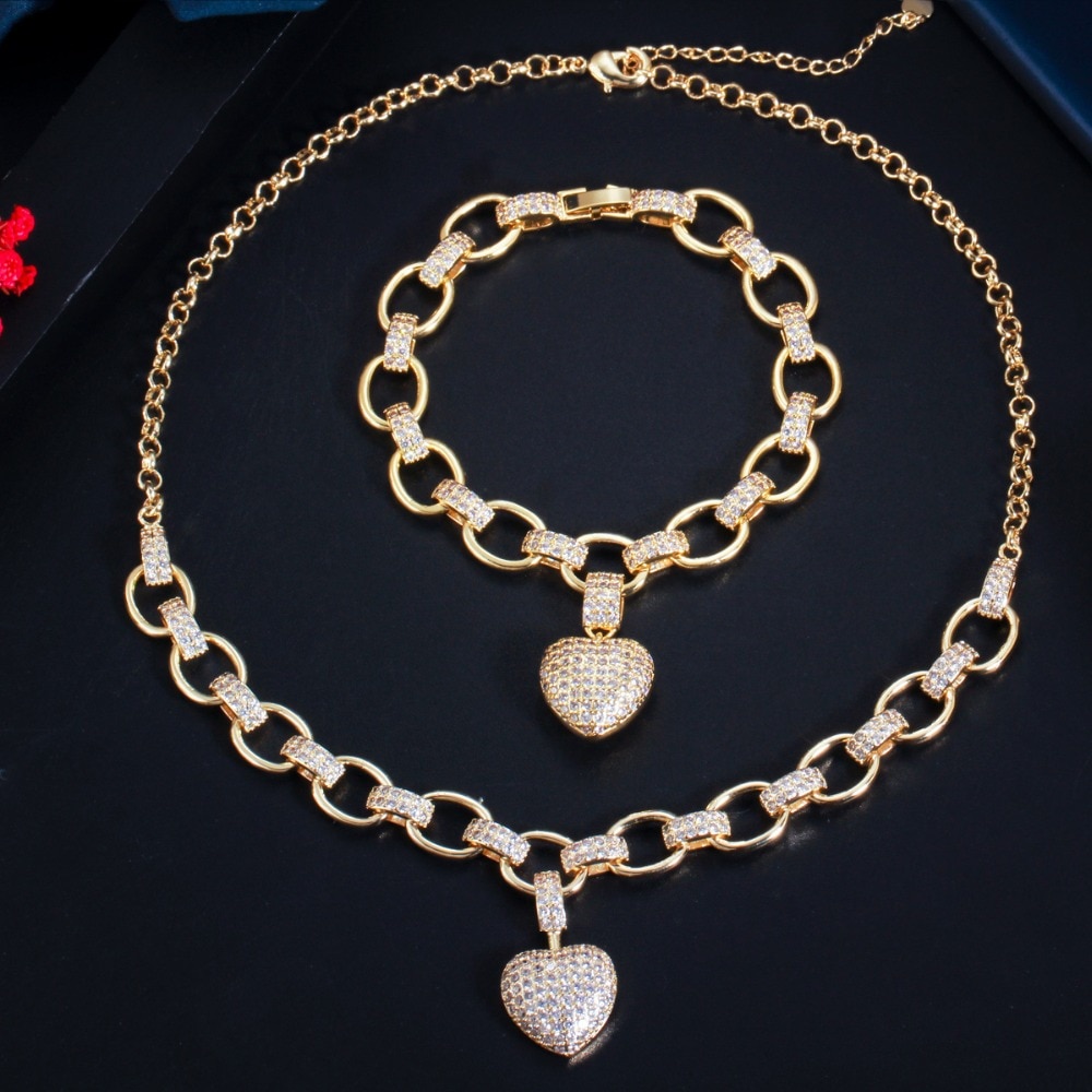 Women's Golden Heart Bracelet and Necklace Set