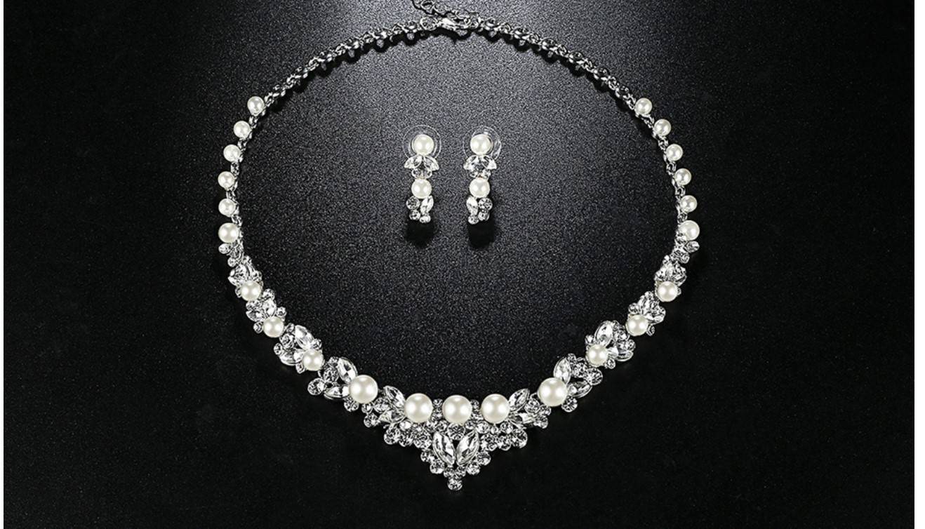 Women's Pearl and Crystal Necklace and Earrings Set