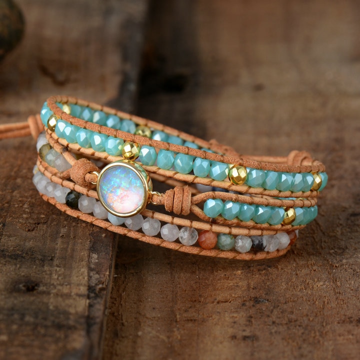 Women's Boho Natural Opal Leather Wrap Bracelet