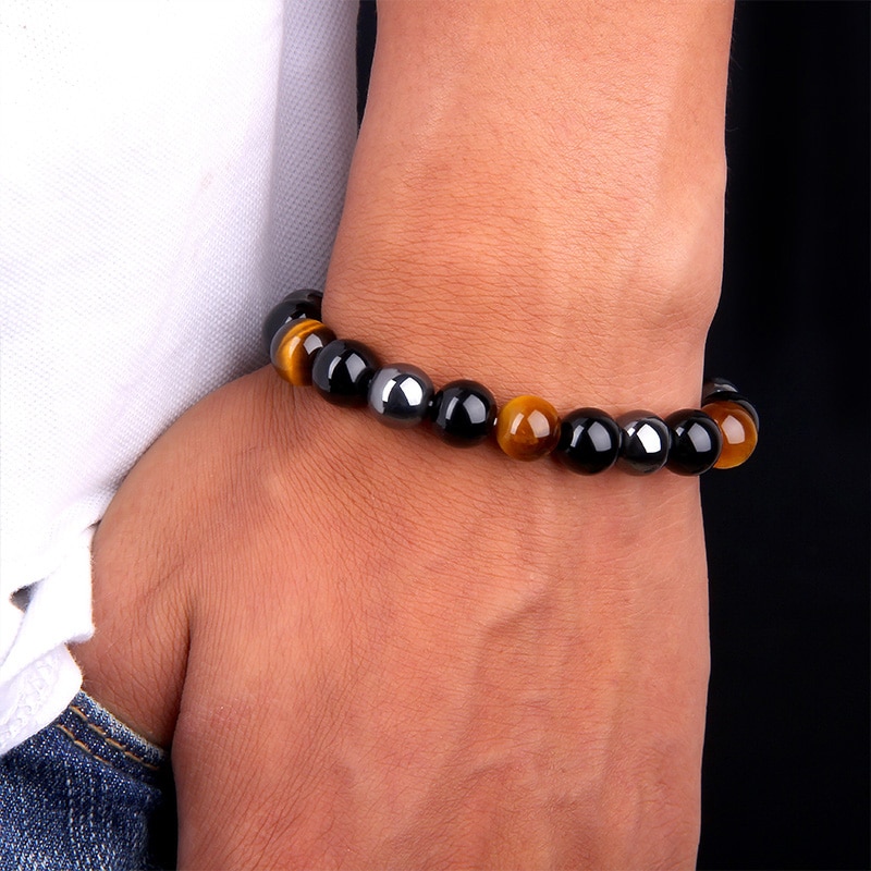 Men's Natural Black Obsidian Beads Bracelet